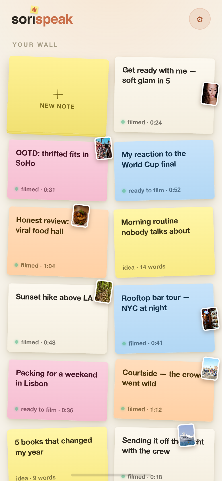 Your wall — scripts as sticky notes, each showing its stage