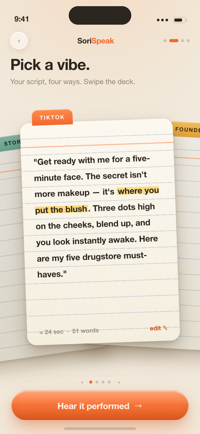 Pick a vibe — script tone variants on cue cards