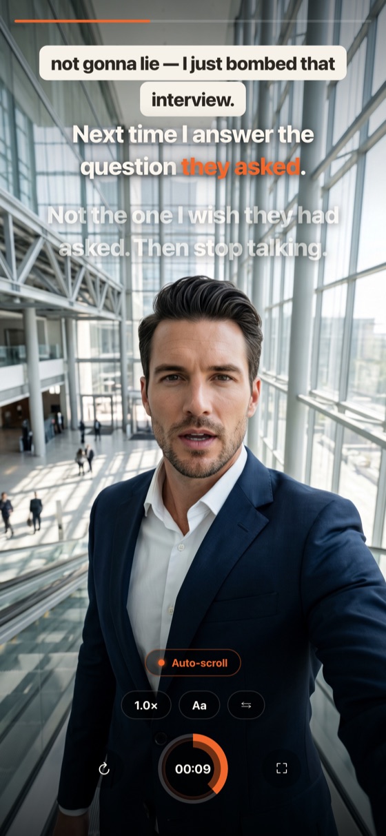 Recording a reflection in an office atrium straight after a job interview