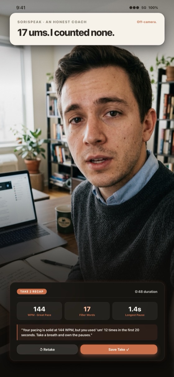 The take recap at a home desk — words per minute, filler words, longest pause