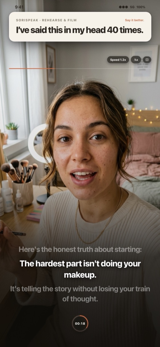 Filming a get-ready-with-me at a bedroom vanity, the script scrolling over the live camera