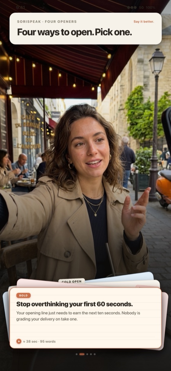 Filming outside a cafe, choosing between four different opening lines